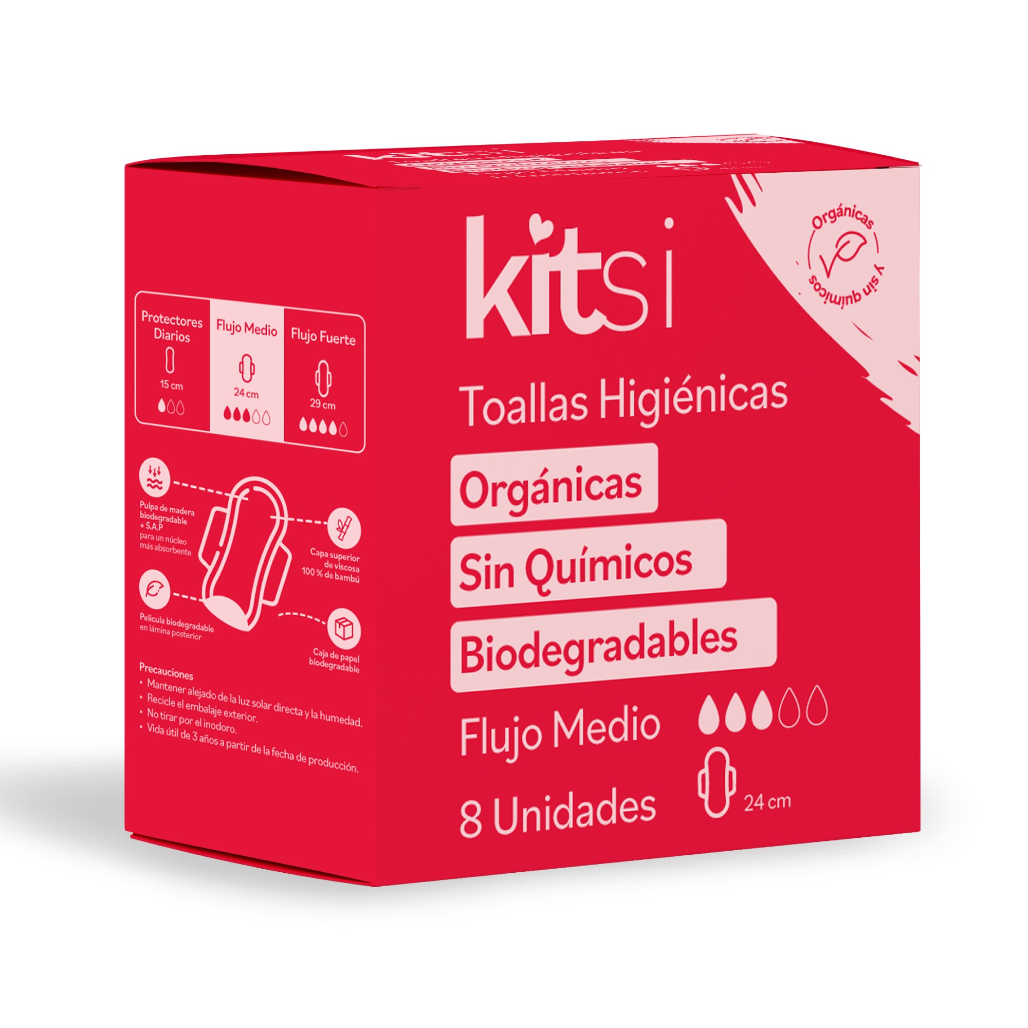 Toallas Higiénicas Orgánicas Kitsi para Flujo Medio sin Químicos y Biodegradables (8 u.)