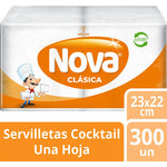 Servilletas Nova - Una Hoja Cocktail Familiar Papel Tissue Pack 300 Unidades 23x22 Cm Clásica Higiene Hogar Uso Diario Blanco