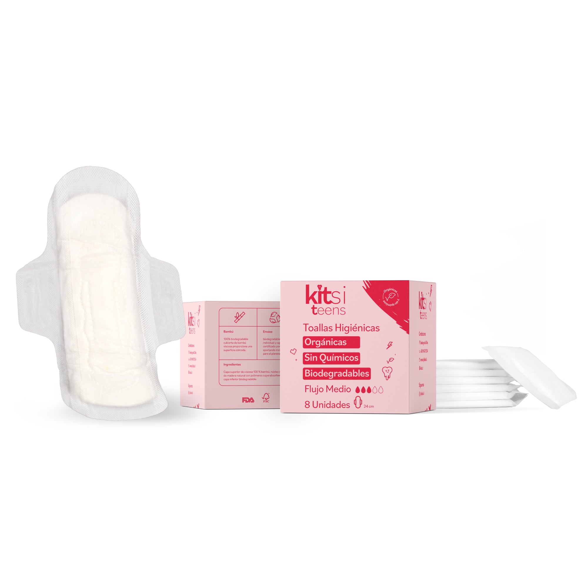 Toallas Higiénicas Orgánicas Kitsi TEENS para Flujo Medio sin Químicos y Biodegradables (8 u.)