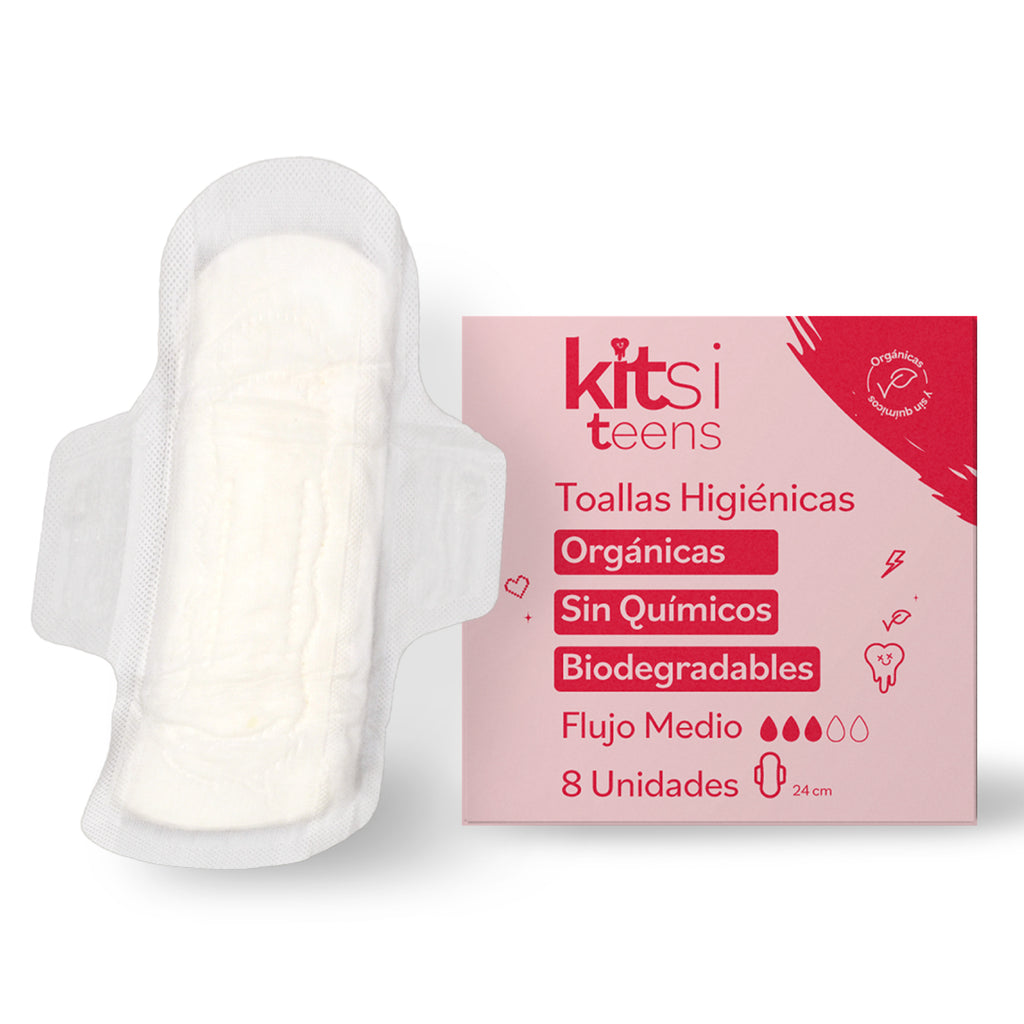 Toallas Higiénicas Orgánicas Kitsi TEENS para Flujo Medio sin Químicos y Biodegradables (8 u.)