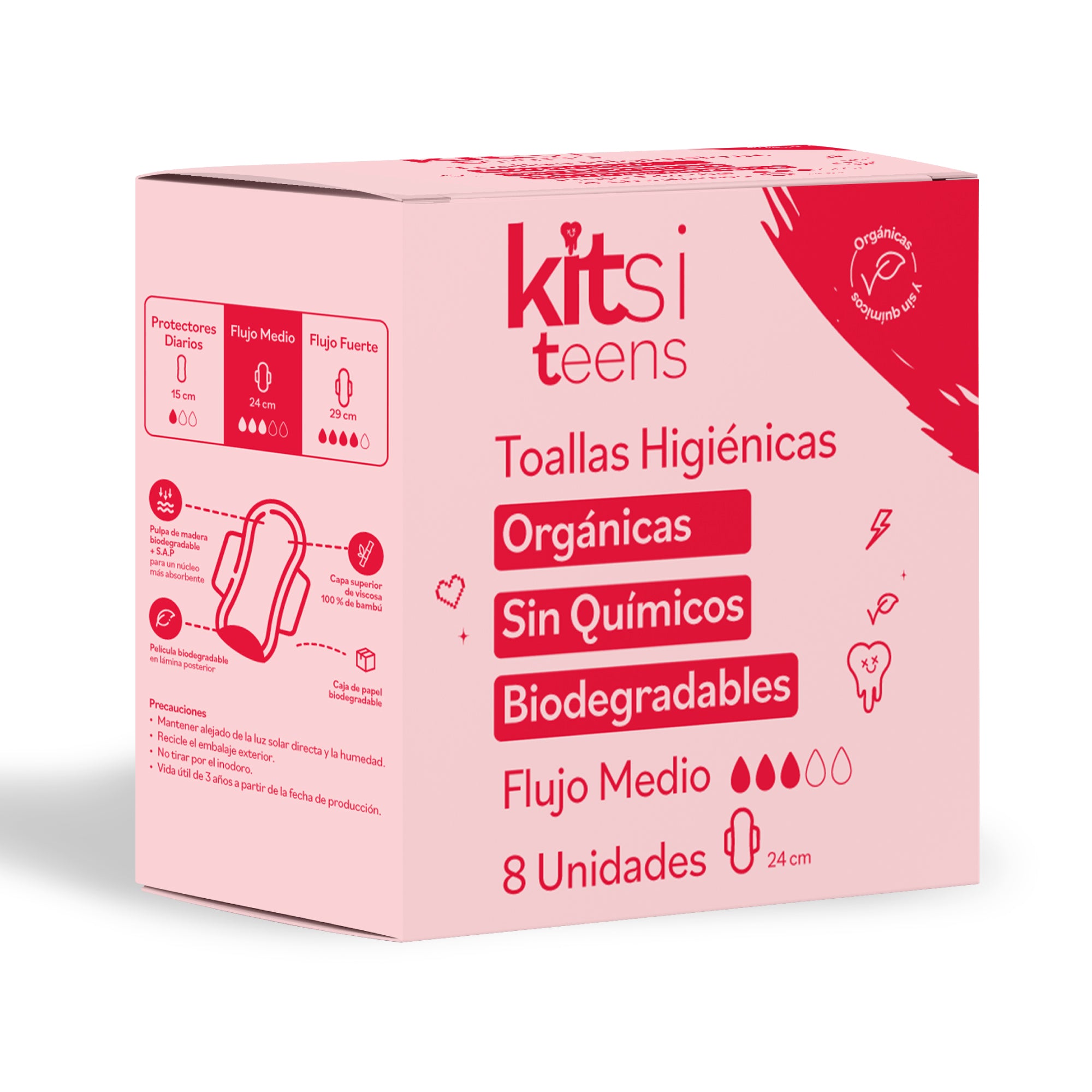 Toallas Higiénicas Orgánicas Kitsi TEENS para Flujo Medio sin Químicos y Biodegradables (8 u.)