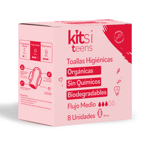 Toallas Higiénicas Orgánicas Kitsi TEENS para Flujo Medio sin Químicos y Biodegradables (8 u.)