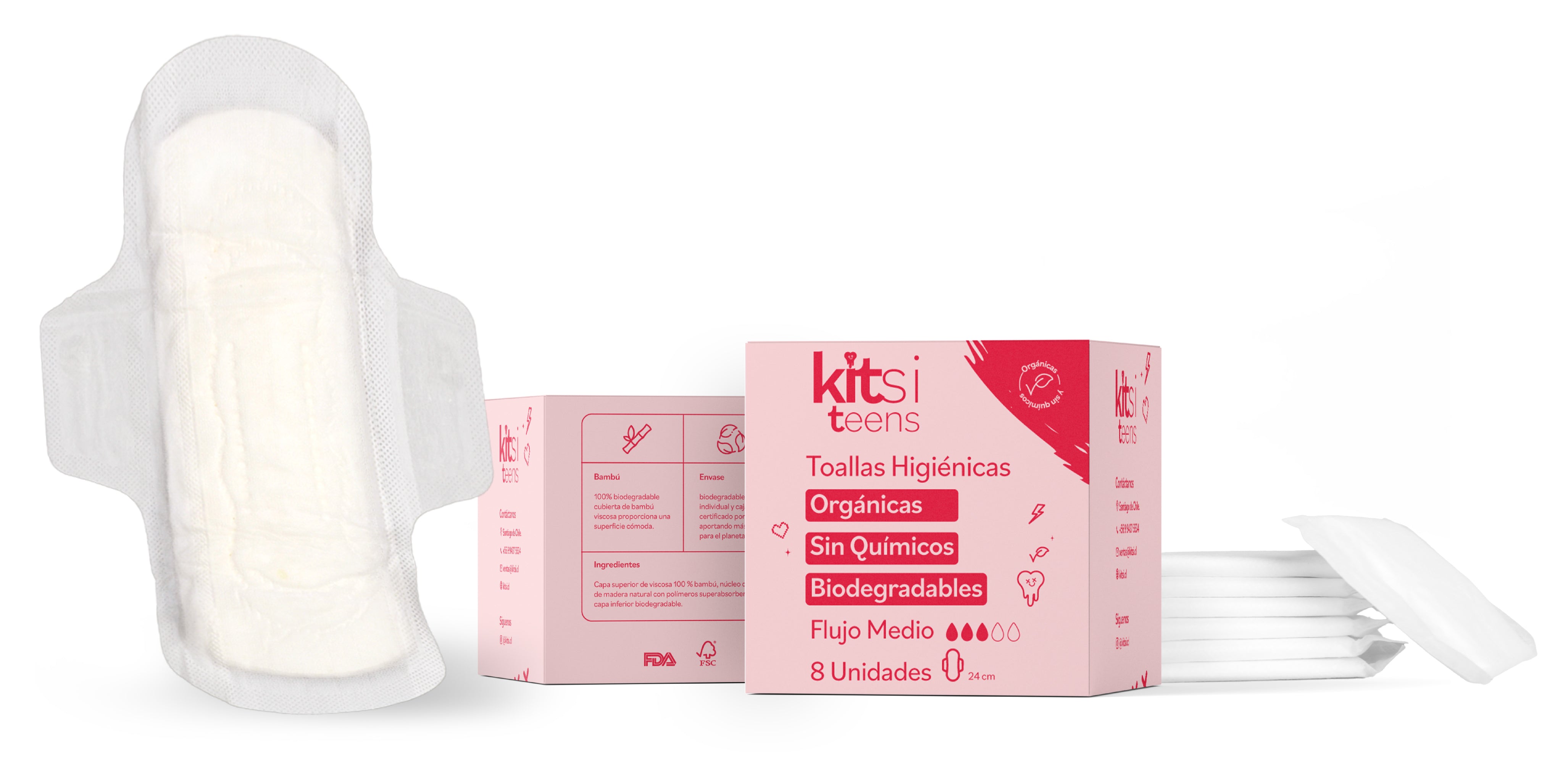 Toallas Higiénicas Orgánicas Kitsi TEENS para Flujo Medio sin Químicos y Biodegradables (8 u.)